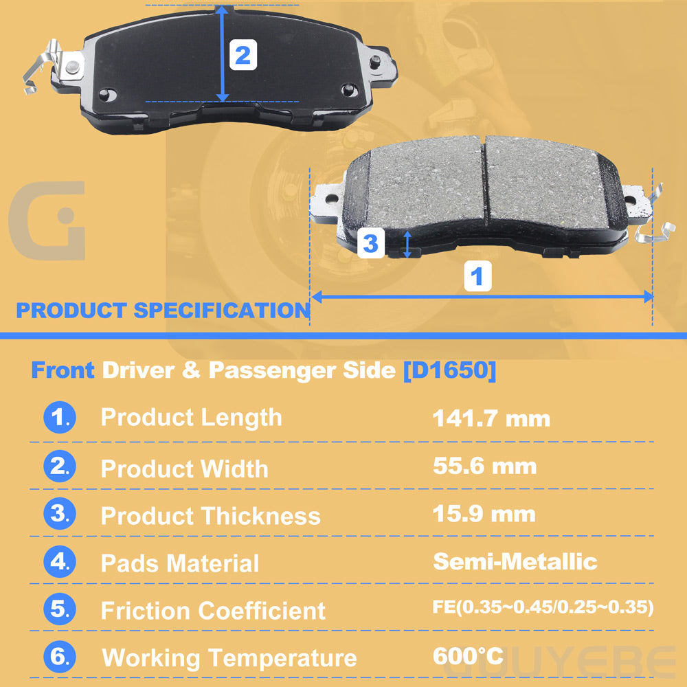 GuuYebe Ceramic Brake Pads Front and Rear Set,For Nissan 2002-2023 Altima and 2011-2020 Leaf , D905 D1650 1650 905,Set of 8 PCS