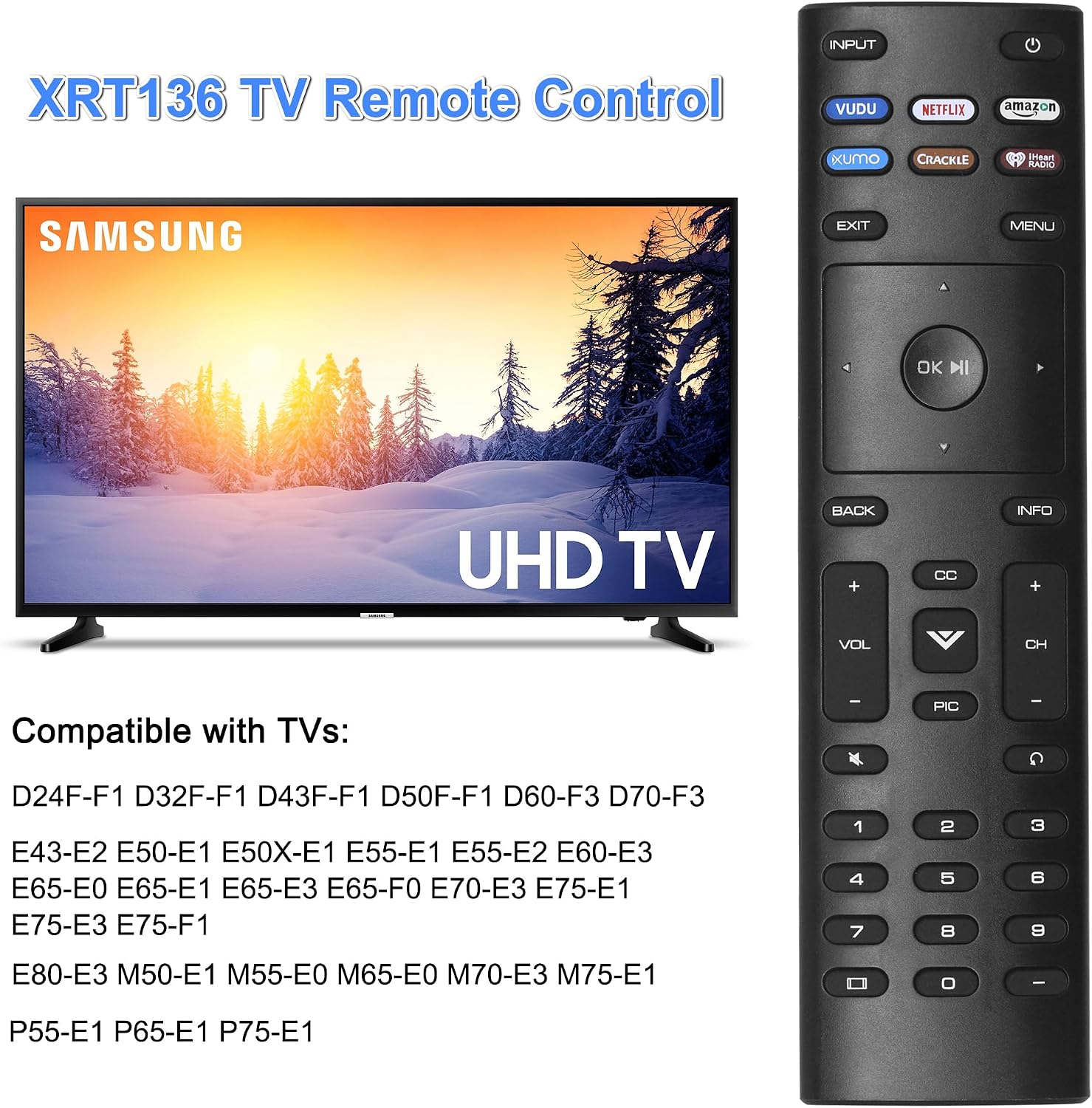GuuYebe XRT136 TV Remote Control Replacement for D24F-F1 D32F-F1 D43F-F1 D50F-F1 D60-F3 D70-F3 E43-E2 E50-E1 E50X-E1 E55-E1 E55-E2 E60-E3 E65-E0 E65-E1