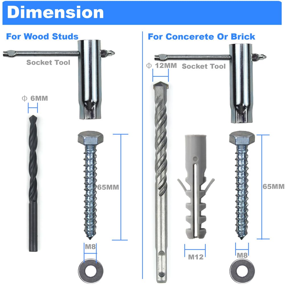 GuuYebe Drywall Anchors for TV Mount,Upgrade Lag Bolts for TV Wall Mount | Kit with Concrete Wall Anchors M8 Lag Bolt Washer by Socket Tool Bubble level and 2 drill bits precise to Wood Or Concrete