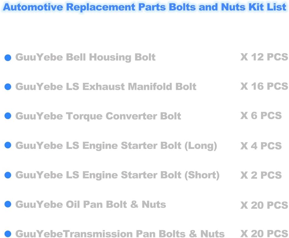GuuYebe Bolts and Nuts Kit,With Exhaust Manifold Torque Converter Engine Starter Transmission Pan Oil Pan Bell Housing bolts Assortment Set for Automotive Replacement Parts