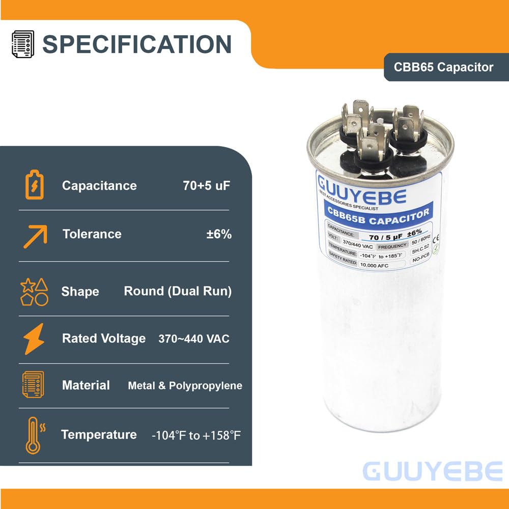 GuuYebe 70/5 Dual Run Capacitor, AC Capacitor 70+5 MFD 370/440V, Round CBB65 with Herm Fan C Terminals – Check Size Before Buying