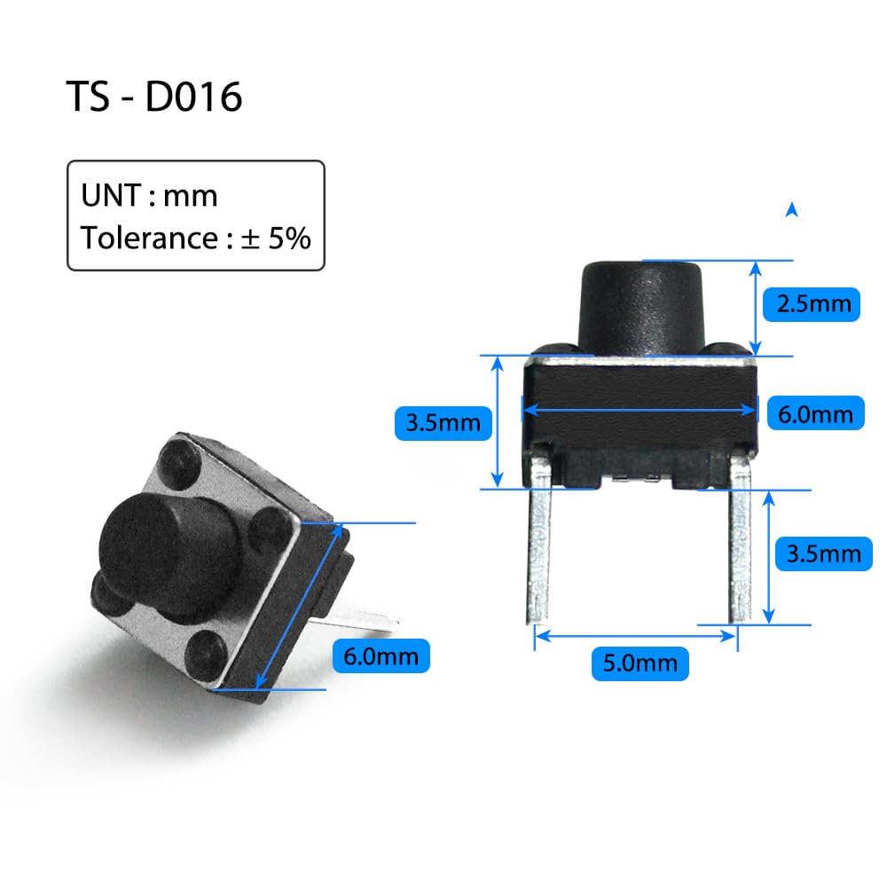GuuYebe 20PCS Tactile Switches, TS-DO16 for Arduino Button Micro Push Button Switch SPST Momentary Tact 2 Pin 3.5 mm for Breadboard Arduino PCB Electronic Circuit Board