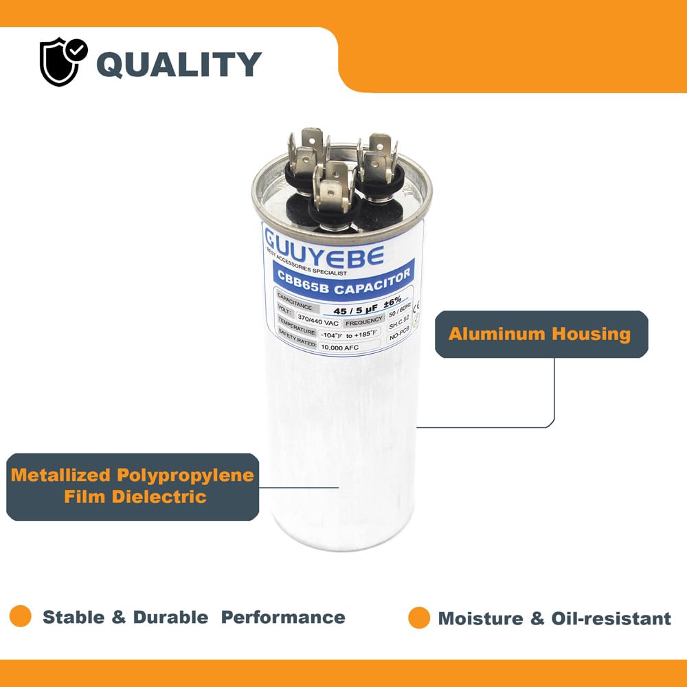 GuuYebe 45/5 Dual Run Capacitor, AC Capacitor 45+5 MFD 370/440V, Round CBB65 with Herm Fan C Terminals – Check Size Before Buying
