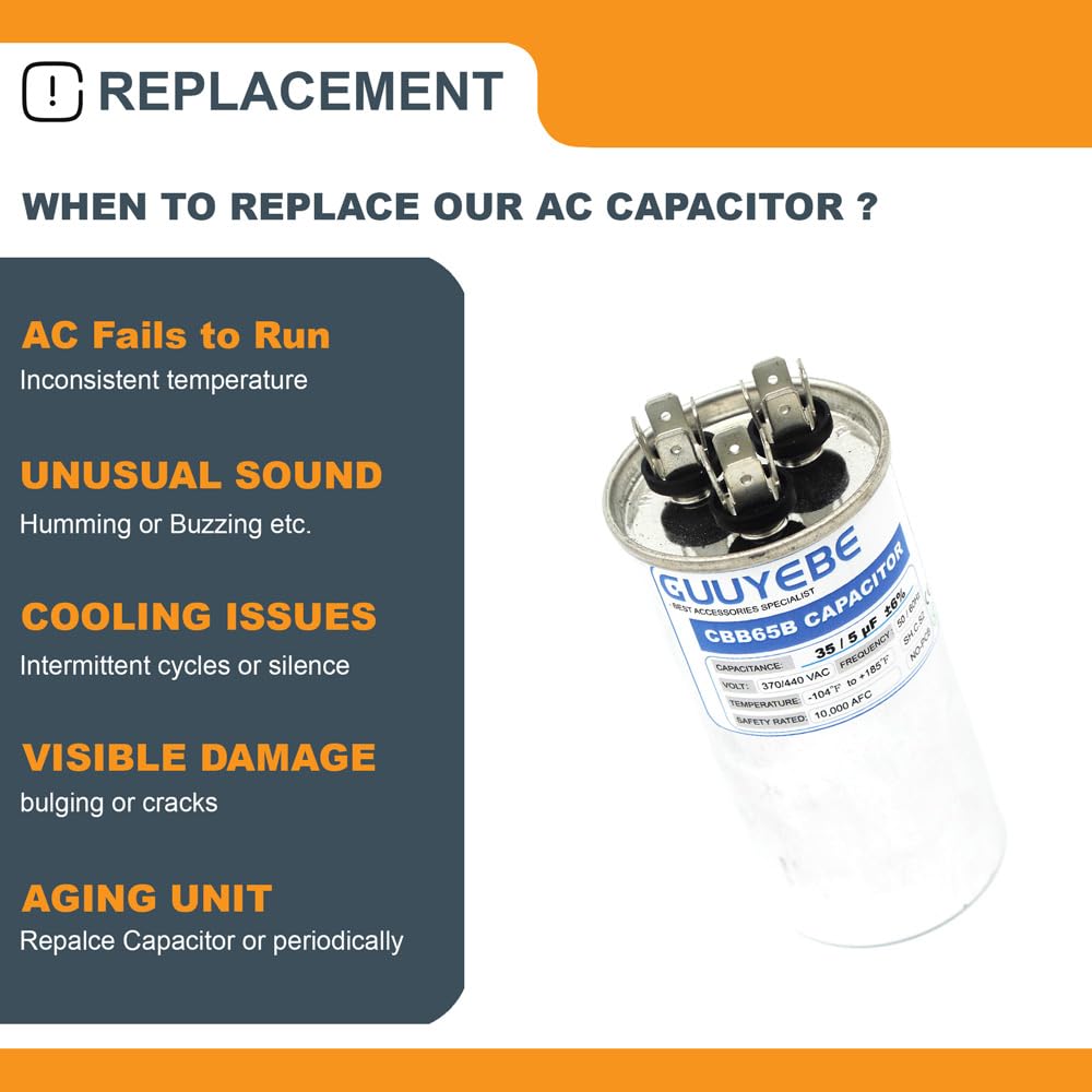 GuuYebe 35/5 Dual Run Capacitor, AC Capacitor 35+5 MFD 370/440V, Round CBB65 with Herm Fan C Terminals – Check Size Before Buying
