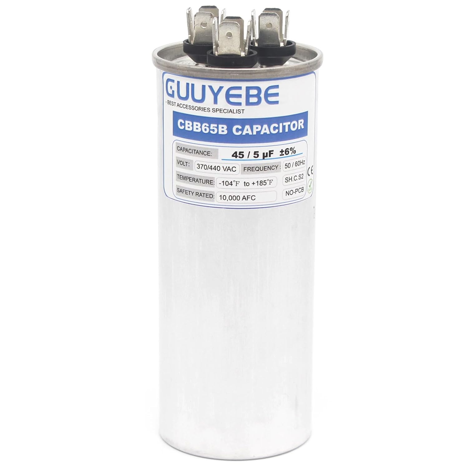GuuYebe 45/5 Dual Run Capacitor, AC Capacitor 45+5 MFD 370/440V, Round CBB65 with Herm Fan C Terminals – Check Size Before Buying