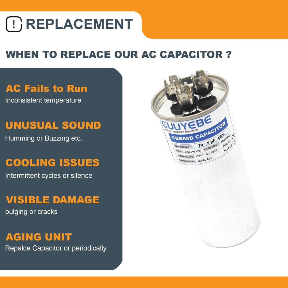 GuuYebe 70/5 Dual Run Capacitor, AC Capacitor 70+5 MFD 370/440V, Round CBB65 with Herm Fan C Terminals – Check Size Before Buying