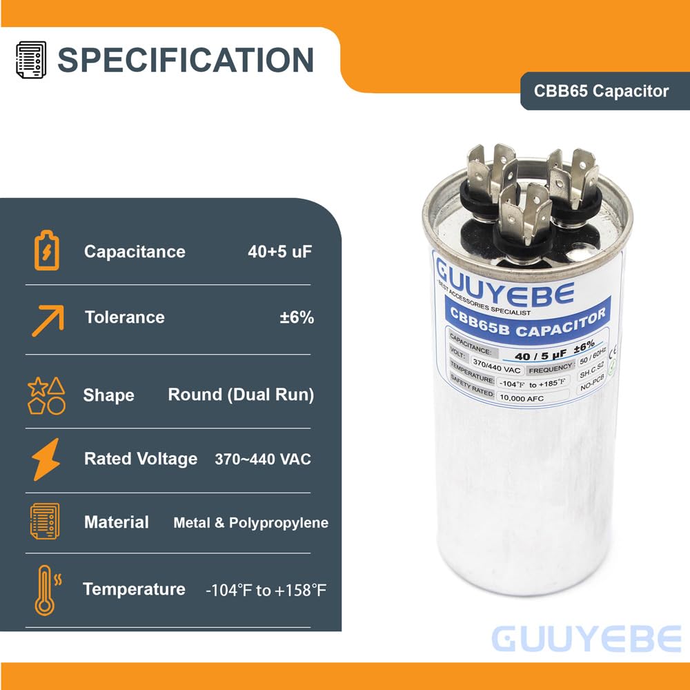 GuuYebe 40/5 Dual Run Capacitor, AC Capacitor 40+5 MFD 370/440V, Round CBB65 with Herm Fan C Terminals – Check Size Before Buying