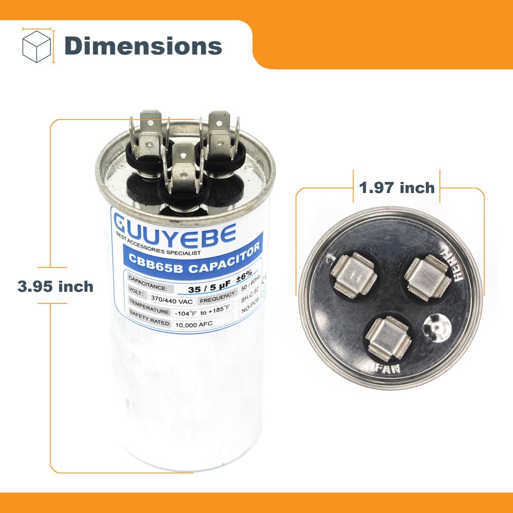 GuuYebe 35/5 Dual Run Capacitor, AC Capacitor 35+5 MFD 370/440V, Round CBB65 with Herm Fan C Terminals – Check Size Before Buying