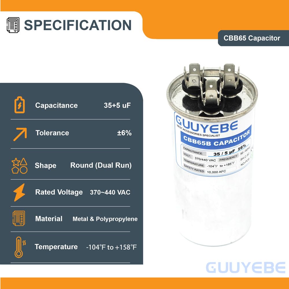 GuuYebe 35/5 Dual Run Capacitor, AC Capacitor 35+5 MFD 370/440V, Round CBB65 with Herm Fan C Terminals – Check Size Before Buying