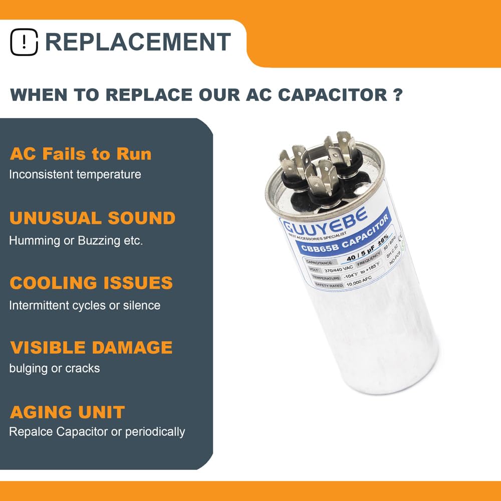 GuuYebe 40/5 Dual Run Capacitor, AC Capacitor 40+5 MFD 370/440V, Round CBB65 with Herm Fan C Terminals – Check Size Before Buying