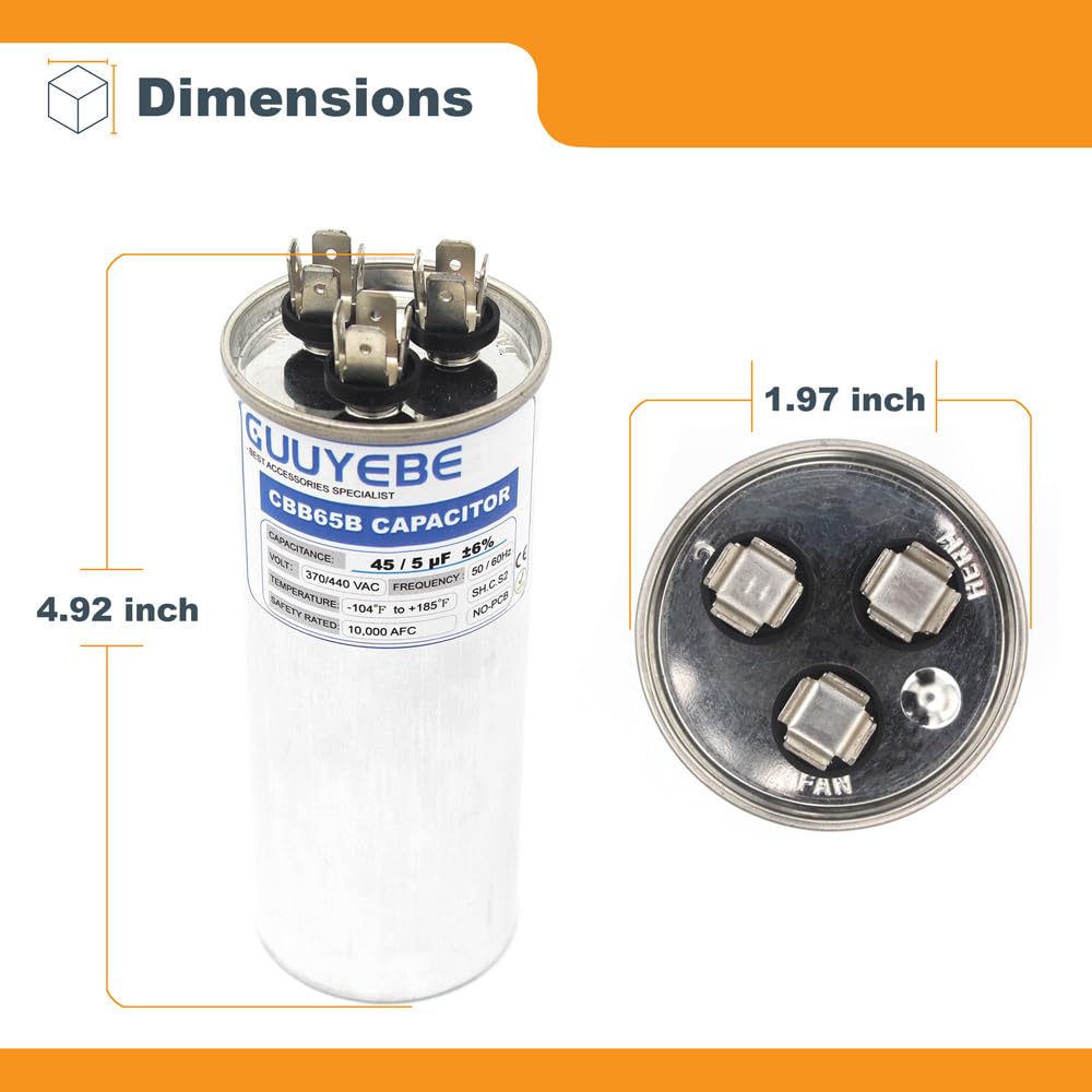 GuuYebe 45/5 Dual Run Capacitor, AC Capacitor 45+5 MFD 370/440V, Round CBB65 with Herm Fan C Terminals – Check Size Before Buying