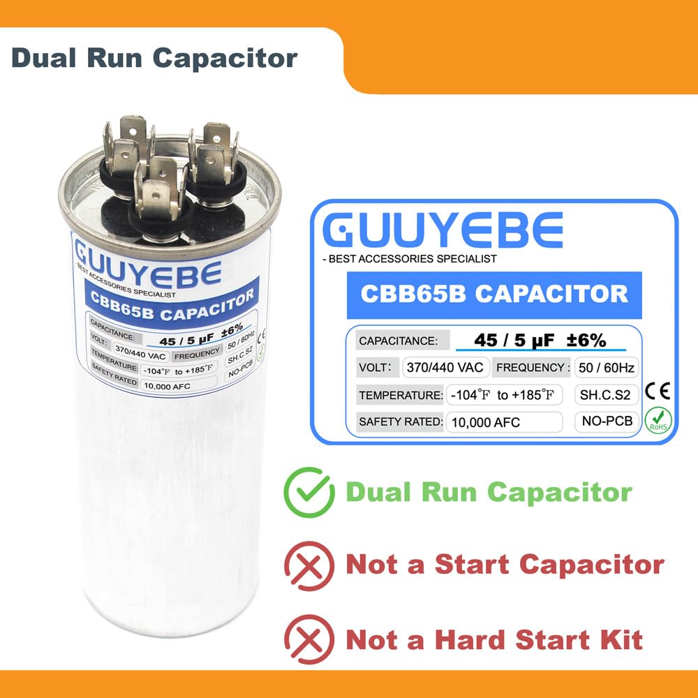 GuuYebe 45/5 Dual Run Capacitor, AC Capacitor 45+5 MFD 370/440V, Round CBB65 with Herm Fan C Terminals – Check Size Before Buying
