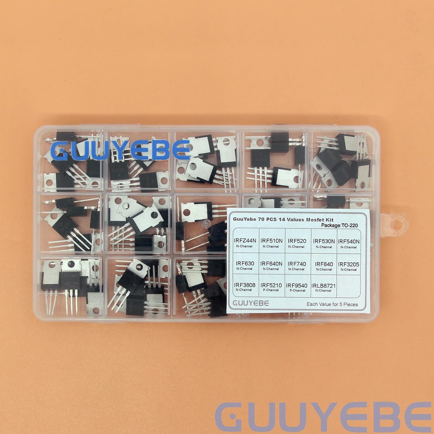 GuuYebe Mosfet Kit,70PCS 14 Values IRFZ44N IRF540N IRF3205 IRF840 IRF630 IRLB8721 IRF5210 IRF640N IRF9540 IRF3808 IRF740 IRF510N IRF520 IRF530N Mosfet Transistor Assortment Set Semiconductor Products