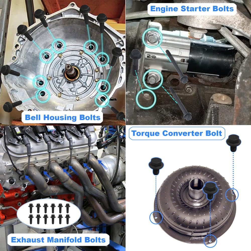 GuuYebe Bolts and Nuts Kit,With Exhaust Manifold Torque Converter Engine Starter Transmission Pan Oil Pan Bell Housing bolts Assortment Set for Automotive Replacement Parts