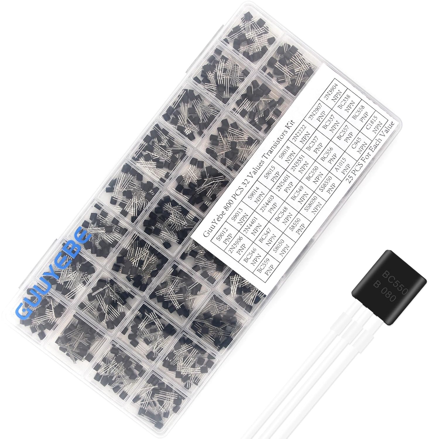 GuuYebe 800PCS 32 Values 2N2222 BC547 2N3904 2N3906 BC337 S8550 BC327 S8050 BC557 BC548 BC549 2N5551 2N2907 2N5401 2N4401 BC546 2N4403 BC338 NPN PNP BJT Transistors Kit TO-92 Semiconductor Components
