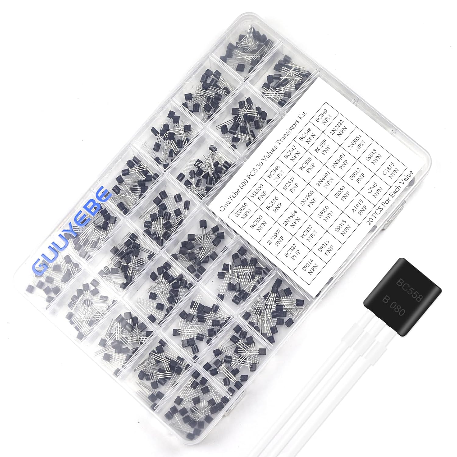 GuuYebe 600PCS 30 Values 2N2222 BC547 2N3904 2N3906 S8550 2N5551 BC557 BC548 BC549 BC550 BC327 BC337 A1015 C1815 S8050 C945 BC546 BC556 BC558 NPN PNP BJT Transistors Kit of Semiconductor Products