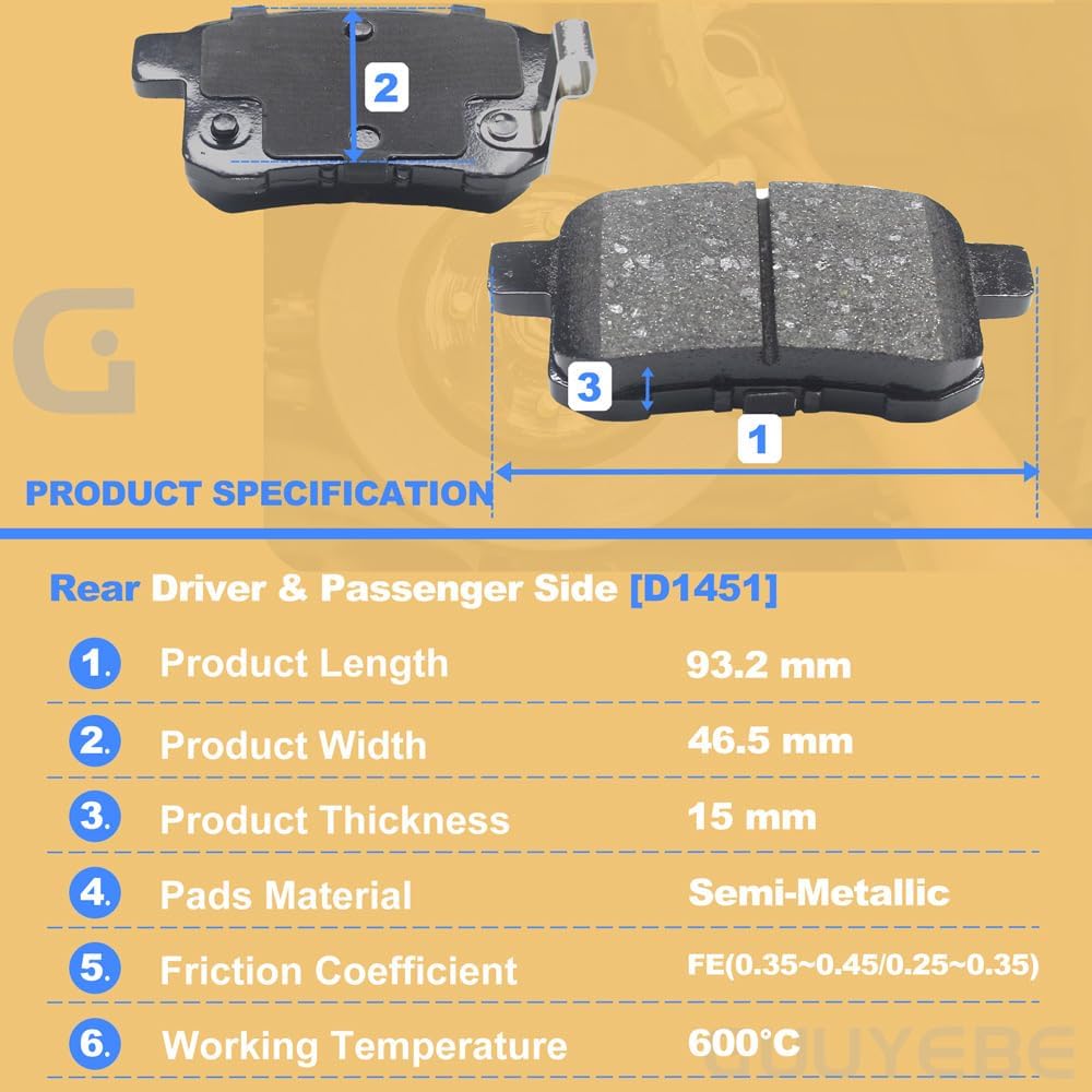 8 Pcs Ceramic Brake Pads Front and Rear Set, For Honda 2003-2017 Accord EX LX SE,D914 D1451