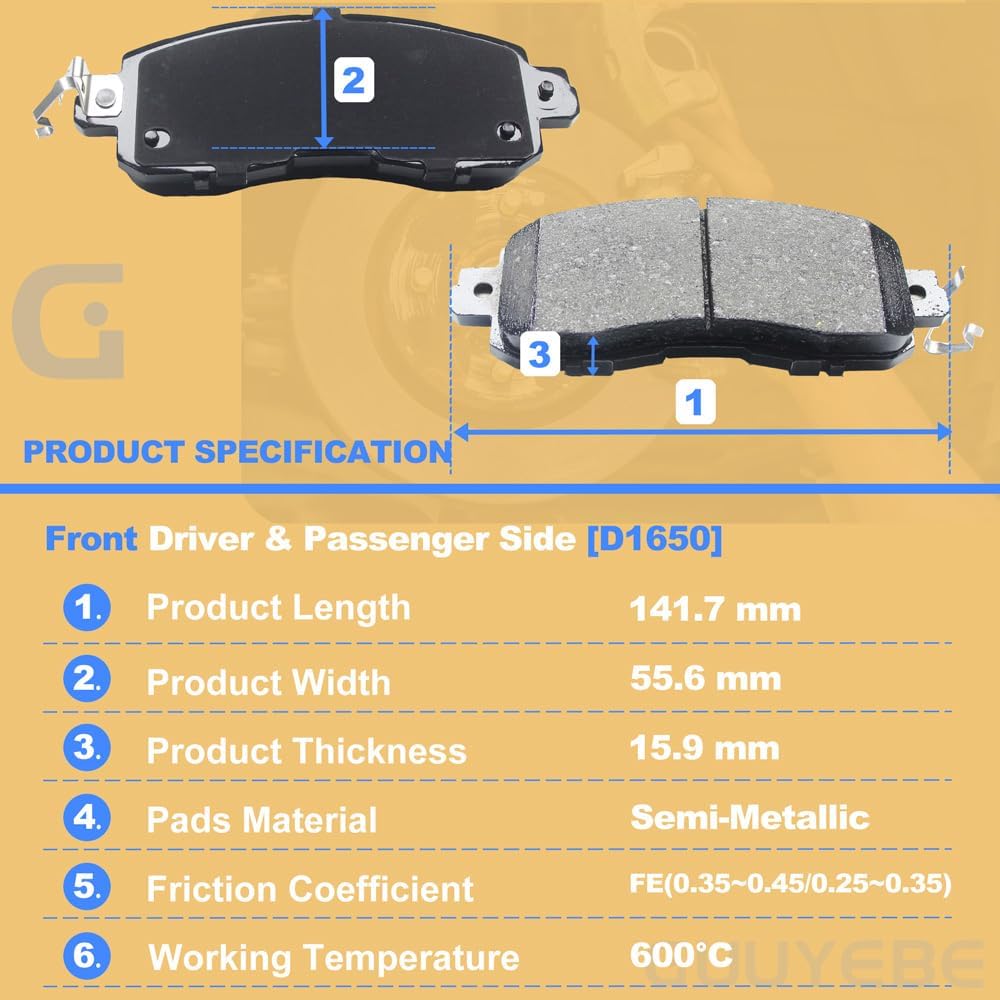 Ceramic Brake Pads Front Set, For Nissan 2002-2023 Altima and 2011-2020 Leaf,1650 D1650