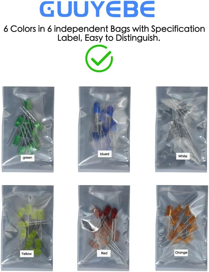 LEDs, Single LED Light 5mm LED Diode Lamp DIY Kit with White Red Green Blue Yellow Orange Diffused Round Lens DC 3V 20mA Mini Bulbs Electronics Components 6 Colors x 10PCS
