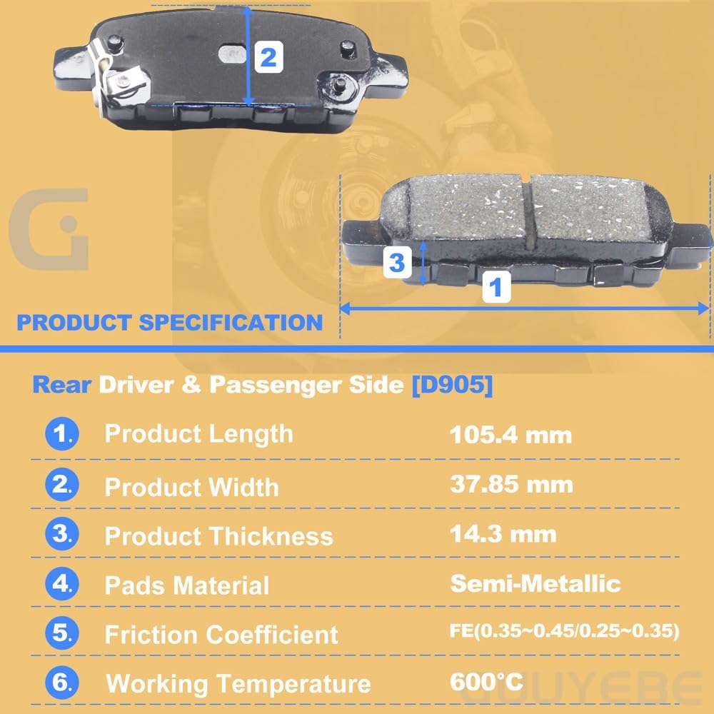 4 Pcs Ceramic Brake Pads Rear Set,For Nissan 2002-2023 Altima and 2011-2020 Leaf, D905 905