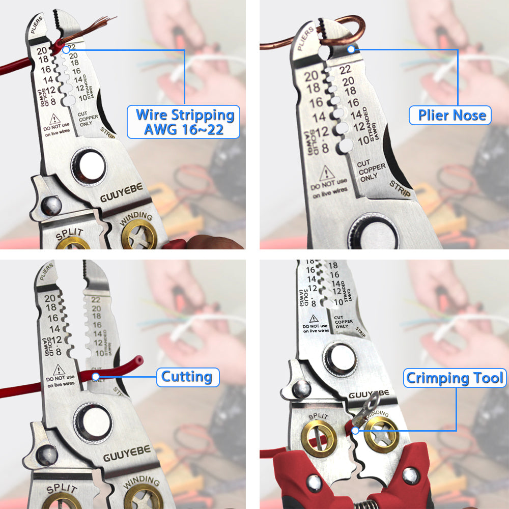 GuuYebe Wire Stripper Multifunctional Wire Strippers Electrical with Cuts 8 10 12 14 16 18 20 22 AWG Cutter Pliers Splitter Winding Wires Cable Crimper Crimping Tool for Electricians and DIY Red