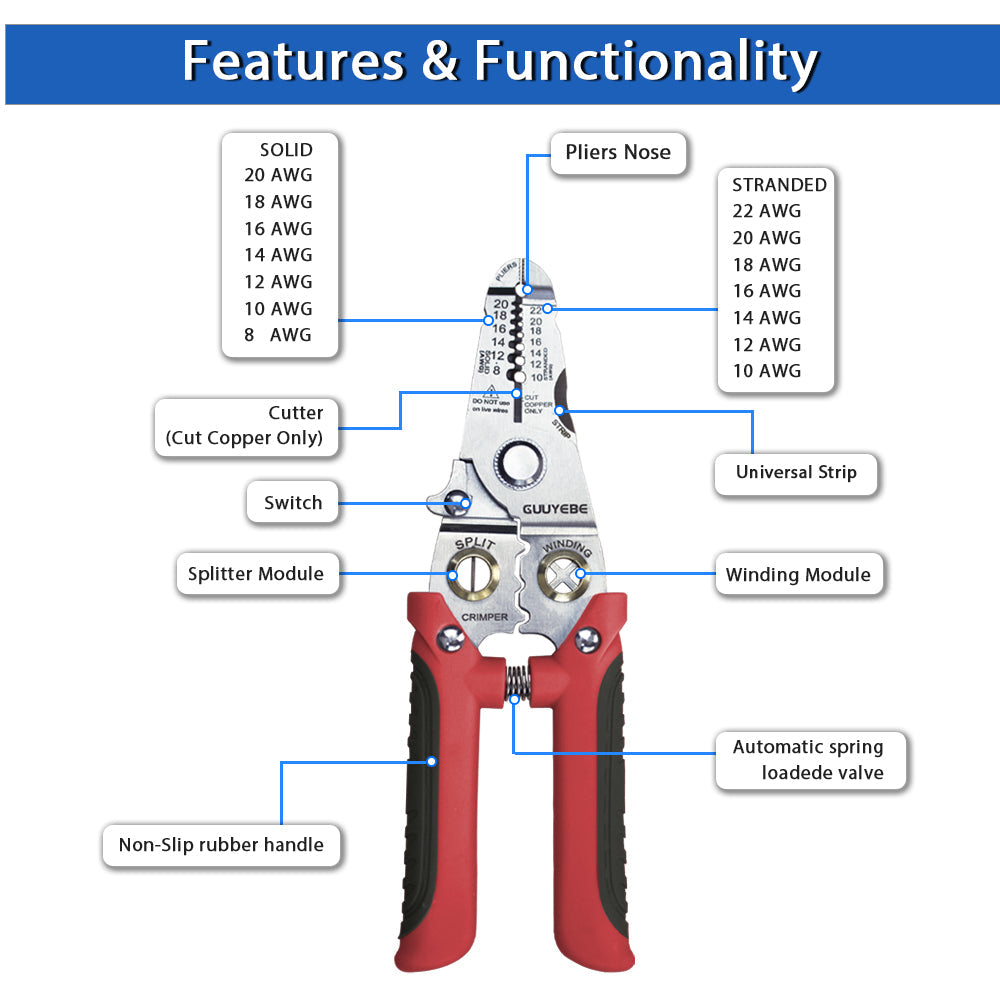 GuuYebe Wire Stripper Multifunctional Wire Strippers Electrical with Cuts 8 10 12 14 16 18 20 22 AWG Cutter Pliers Splitter Winding Wires Cable Crimper Crimping Tool for Electricians and DIY Red