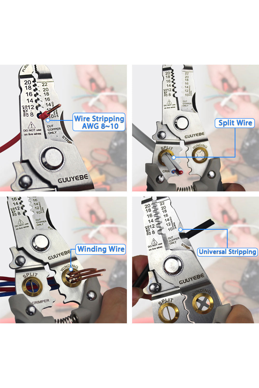 Wire Stripper, Multifunctional Wire Strippers Electrical with Cuts 8 10 12 14 16 18 20 22 AWG Cutter Pliers Splitter Winding Wires Cable Crimper Crimping Tool for Electricians and DIY gray GuuYebe