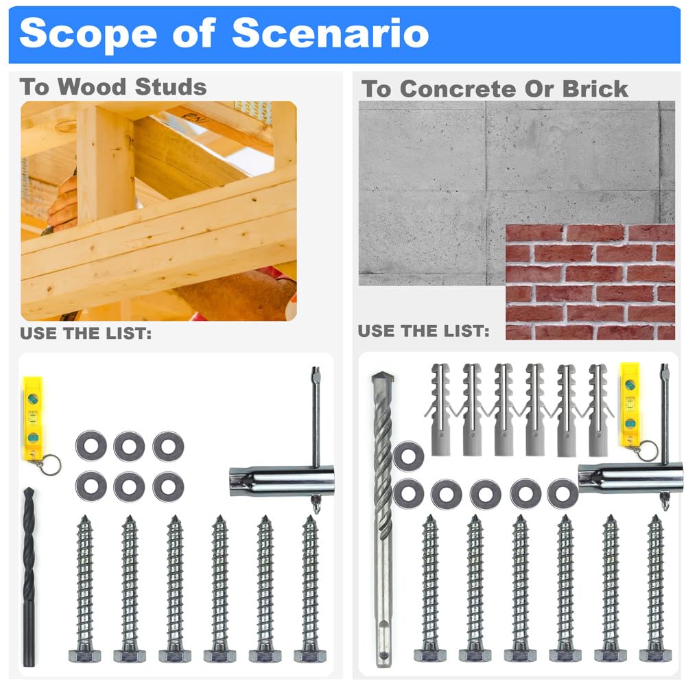 GuuYebe Drywall Anchors for TV Mount,Upgrade Lag Bolts for TV Wall Mount | Kit with Concrete Wall Anchors M8 Lag Bolt Washer by Socket Tool Bubble level and 2 drill bits precise to Wood Or Concrete