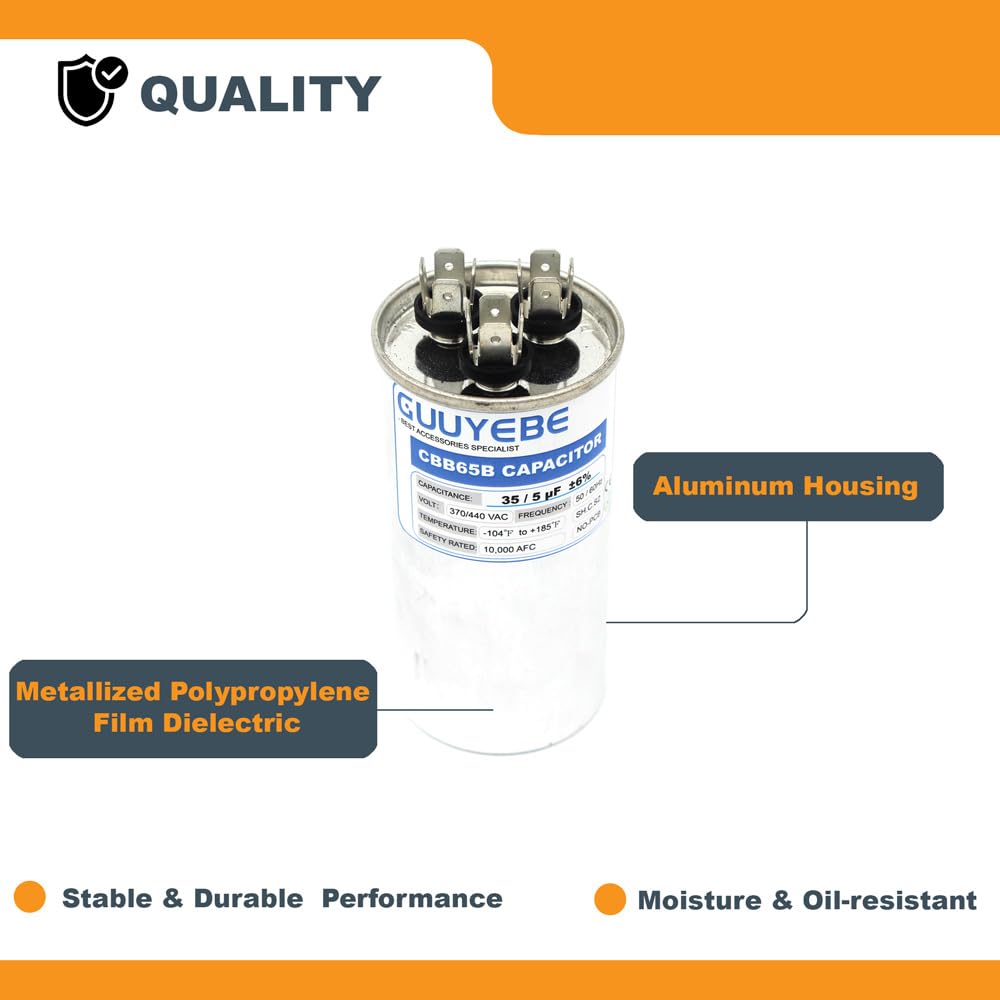 GuuYebe 35/5 Dual Run Capacitor, AC Capacitor 35+5 MFD 370/440V, Round CBB65 with Herm Fan C Terminals – Check Size Before Buying