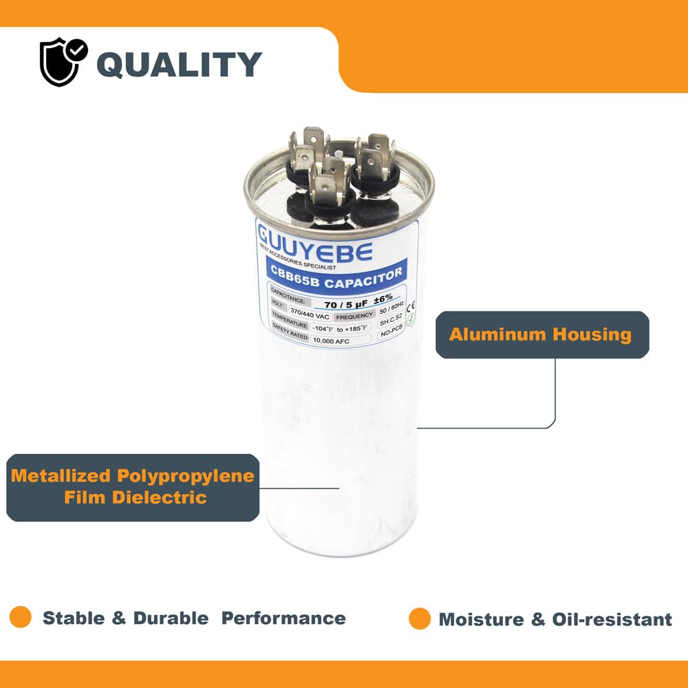 GuuYebe 70/5 Dual Run Capacitor, AC Capacitor 70+5 MFD 370/440V, Round CBB65 with Herm Fan C Terminals – Check Size Before Buying