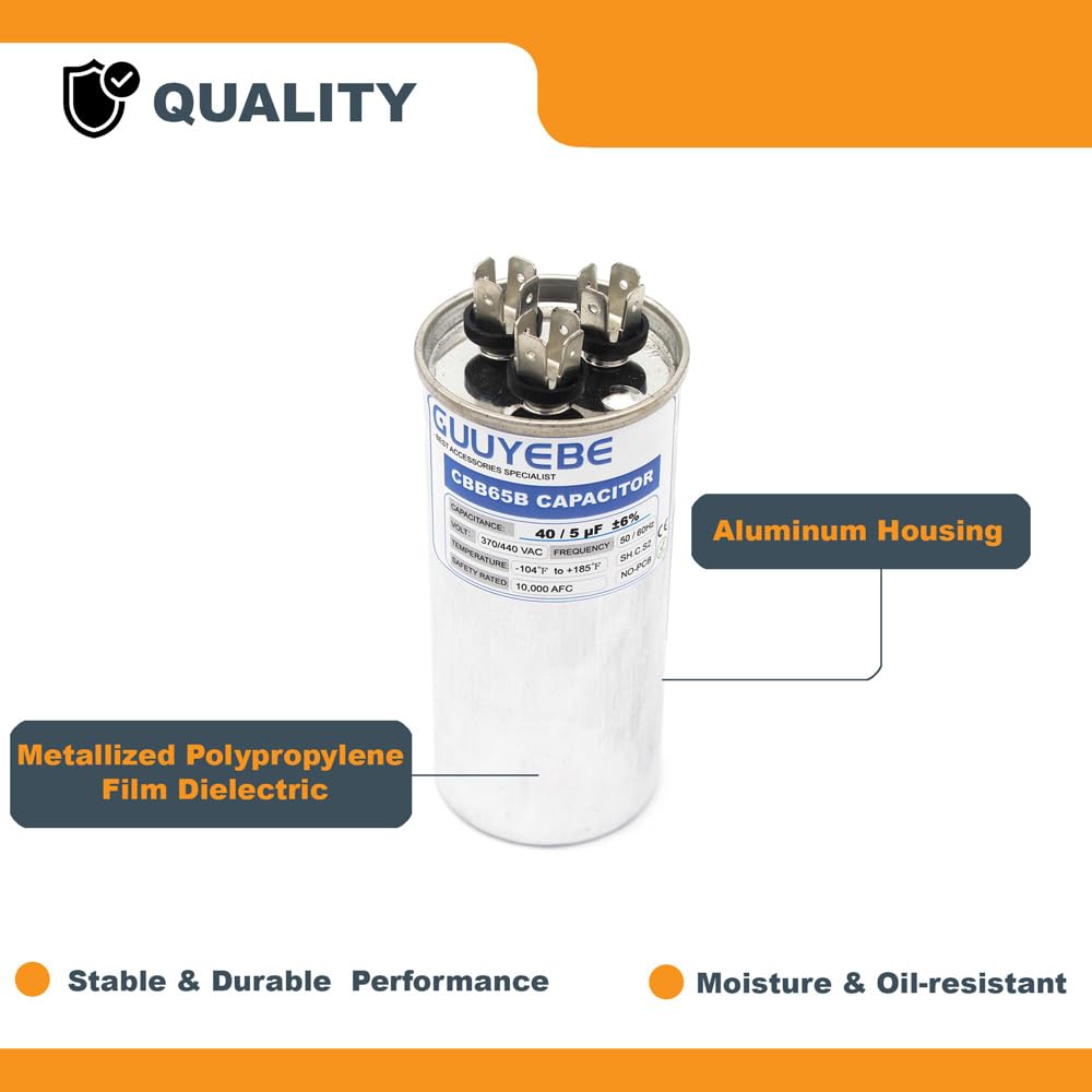 GuuYebe 40/5 Dual Run Capacitor, AC Capacitor 40+5 MFD 370/440V, Round CBB65 with Herm Fan C Terminals – Check Size Before Buying