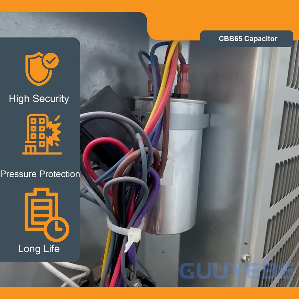 GuuYebe 40/5 Dual Run Capacitor, AC Capacitor 40+5 MFD 370/440V, Round CBB65 with Herm Fan C Terminals – Check Size Before Buying