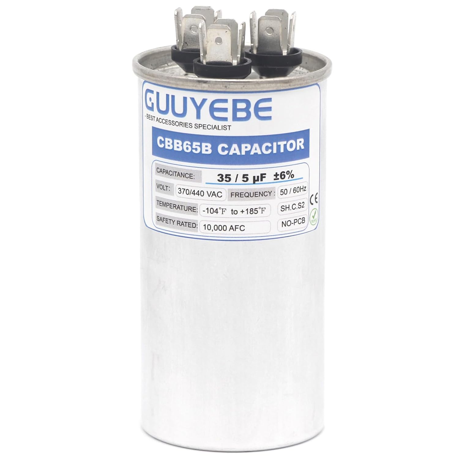 GuuYebe 35/5 Dual Run Capacitor, AC Capacitor 35+5 MFD 370/440V, Round CBB65 with Herm Fan C Terminals – Check Size Before Buying