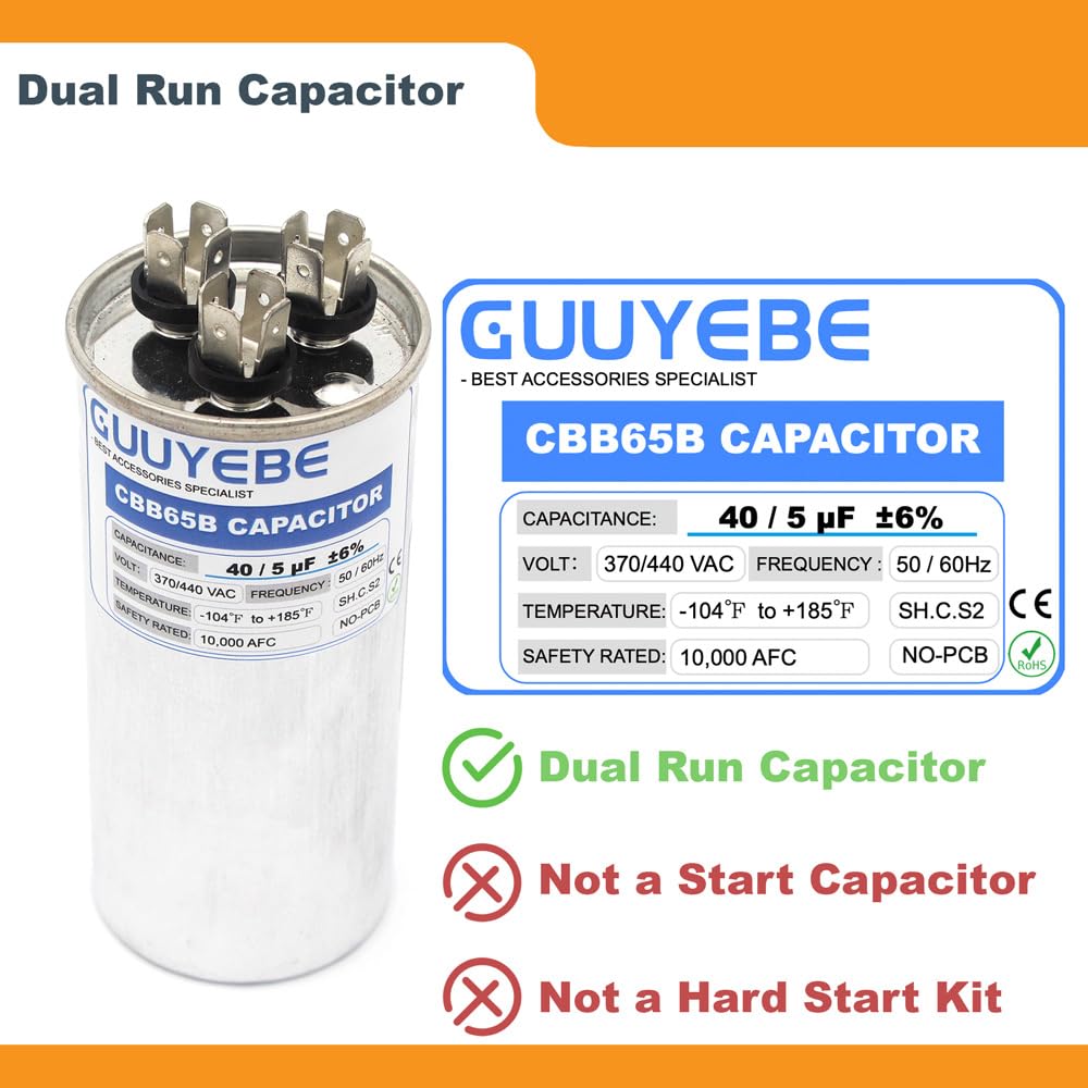 GuuYebe 40/5 Dual Run Capacitor, AC Capacitor 40+5 MFD 370/440V, Round CBB65 with Herm Fan C Terminals – Check Size Before Buying