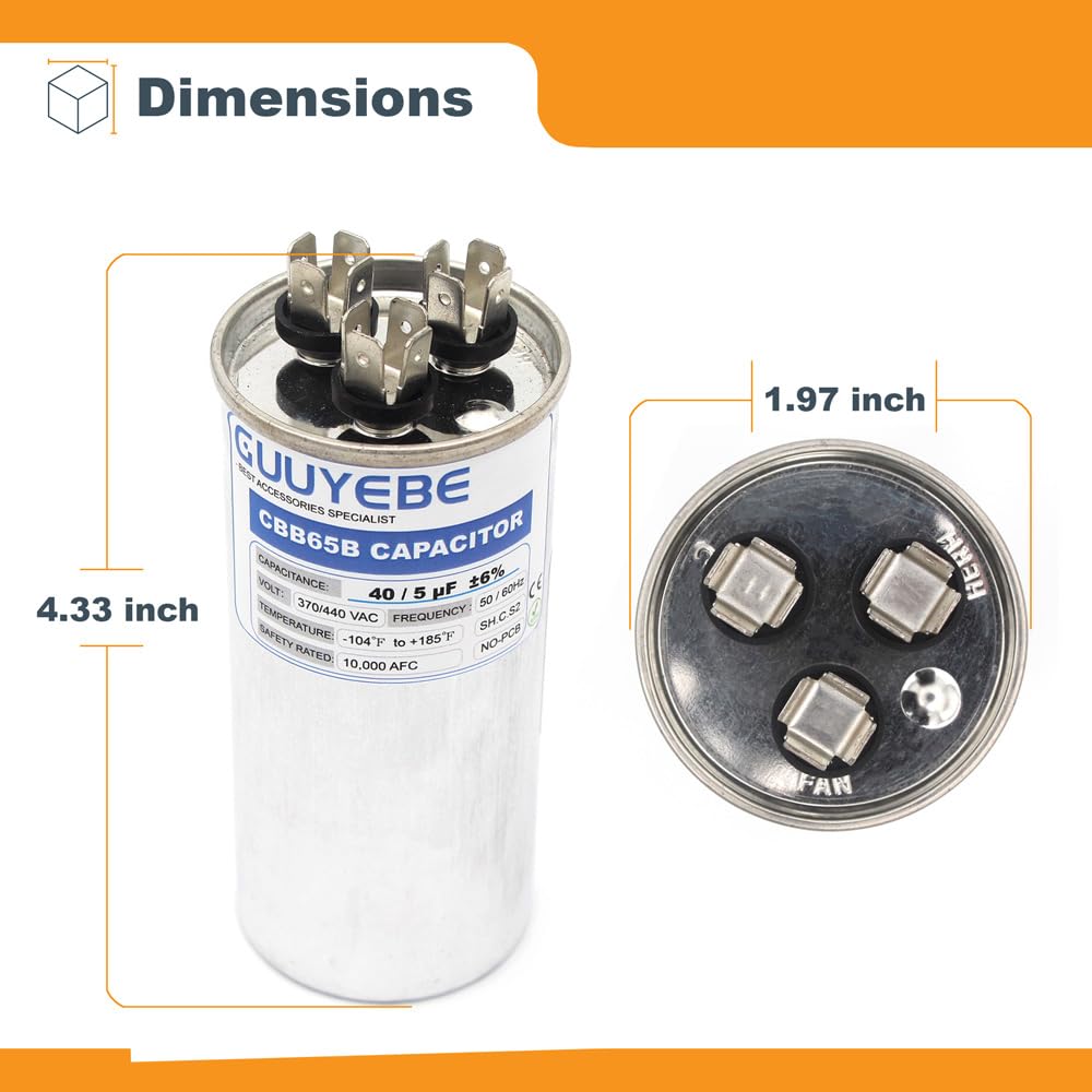 GuuYebe 40/5 Dual Run Capacitor, AC Capacitor 40+5 MFD 370/440V, Round CBB65 with Herm Fan C Terminals – Check Size Before Buying