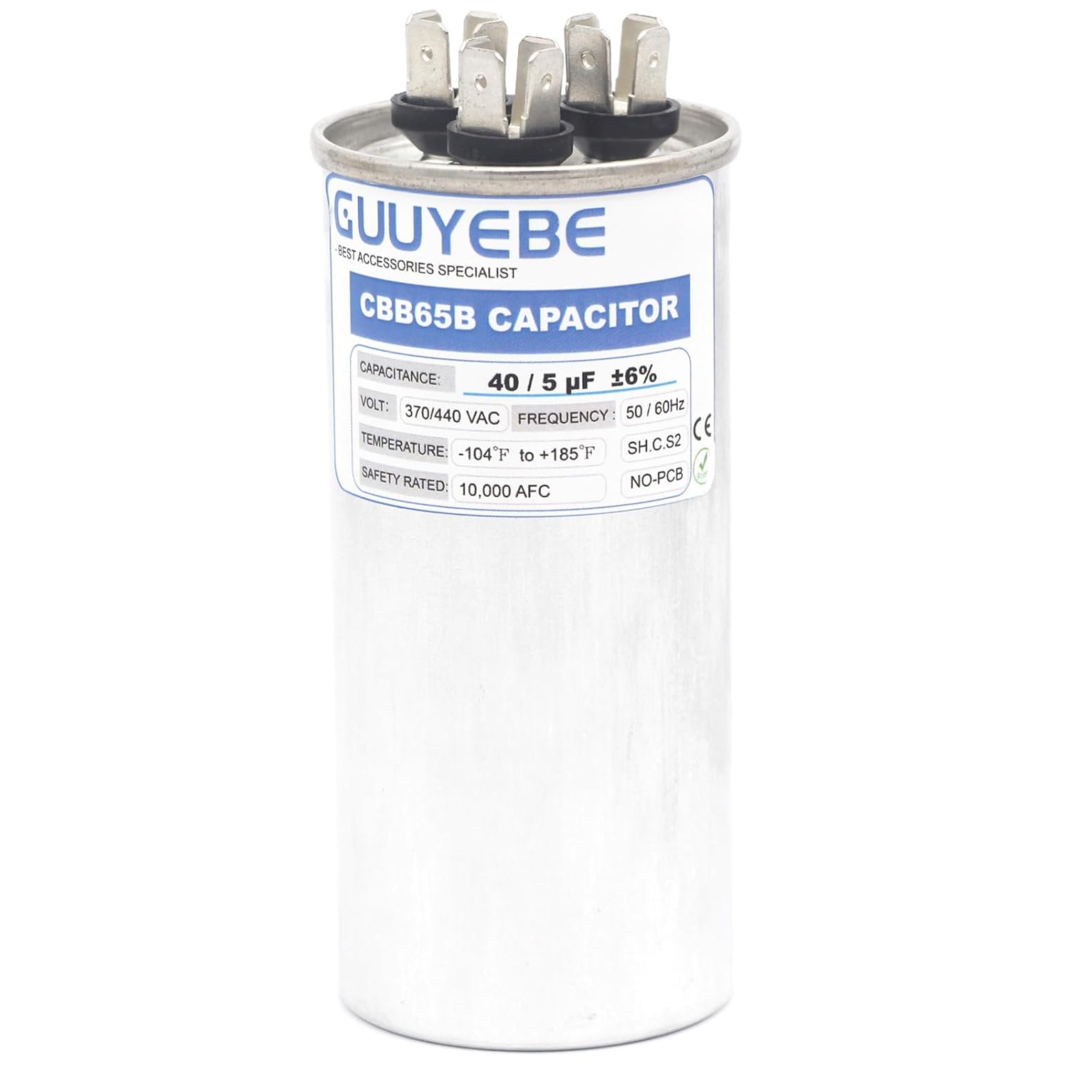 GuuYebe 40/5 Dual Run Capacitor, AC Capacitor 40+5 MFD 370/440V, Round CBB65 with Herm Fan C Terminals – Check Size Before Buying