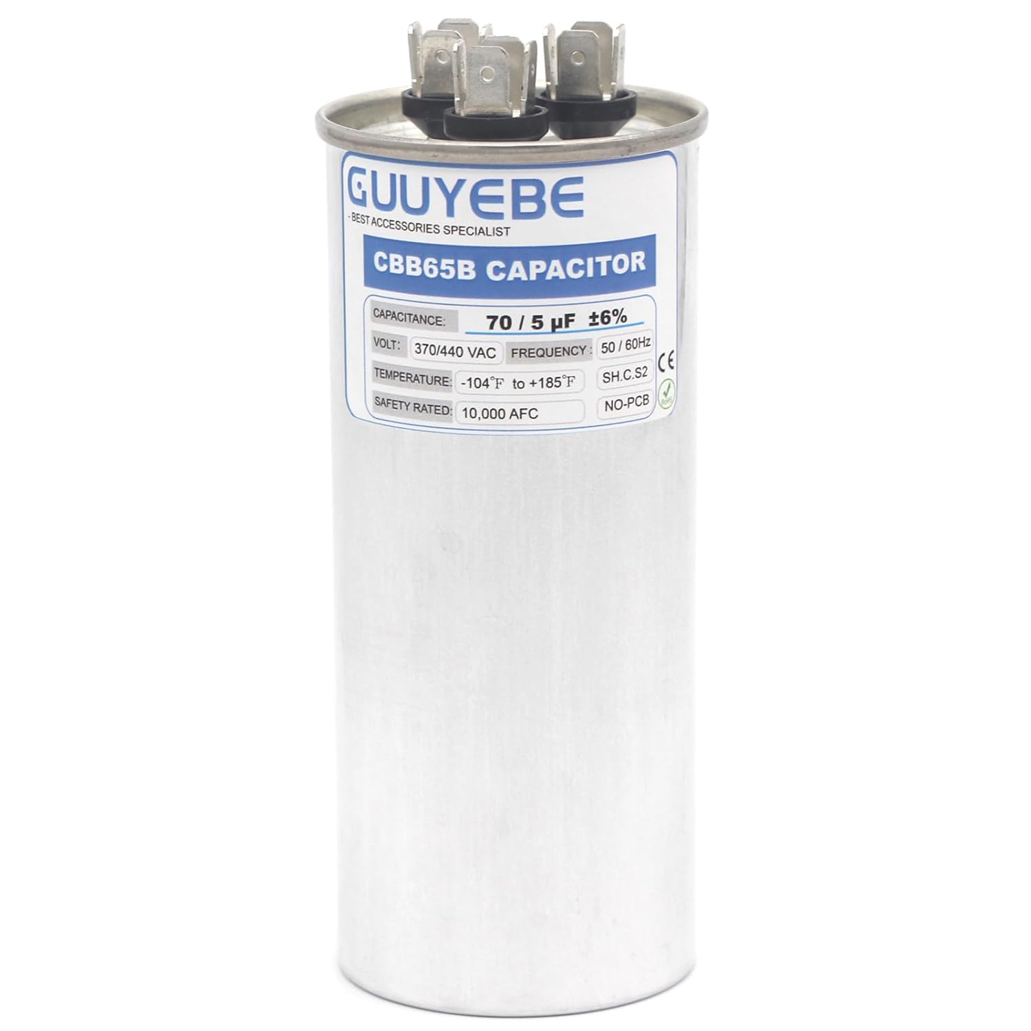 GuuYebe 70/5 Dual Run Capacitor, AC Capacitor 70+5 MFD 370/440V, Round CBB65 with Herm Fan C Terminals – Check Size Before Buying