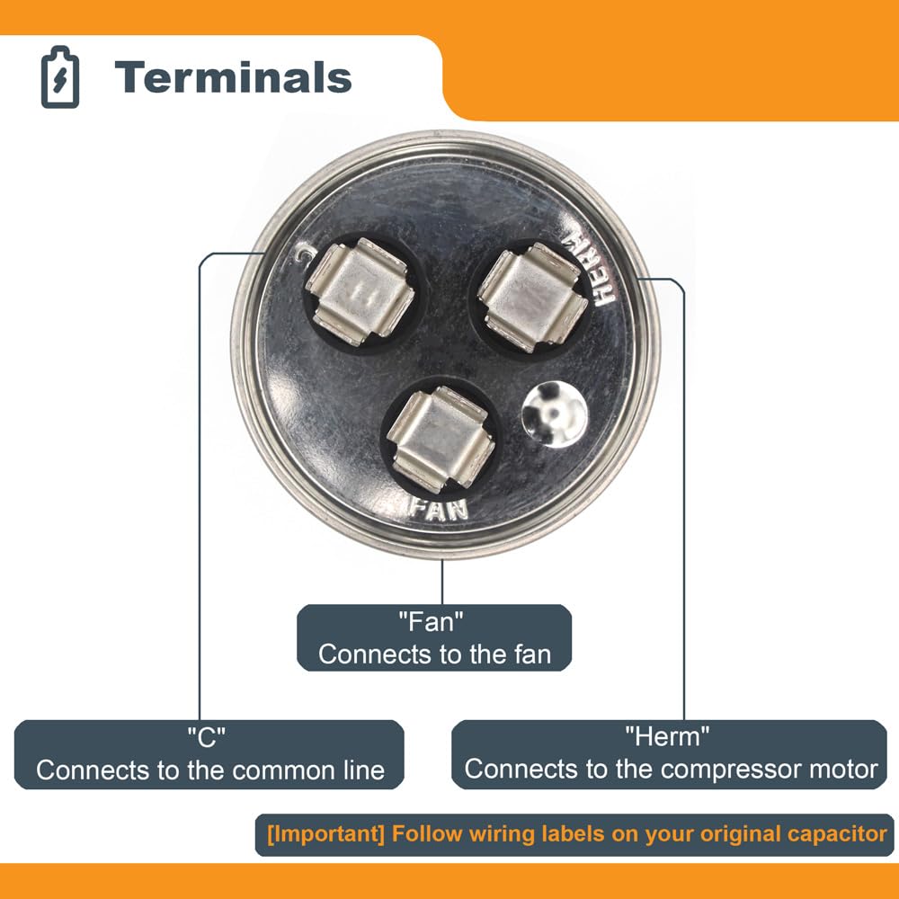 GuuYebe 70/5 Dual Run Capacitor, AC Capacitor 70+5 MFD 370/440V, Round CBB65 with Herm Fan C Terminals – Check Size Before Buying