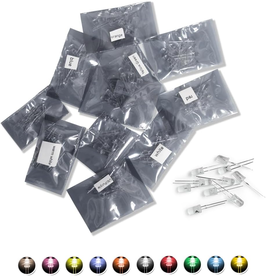 GuuYebe LEDs, Single LED Light LED Diode Lamp DIY Kit with Warm White Red Green Blue Yellow Green Pink UV Purple Orange Clear Transparent Lens Mini Bulbs 5mm 10 Colors x 10PCS