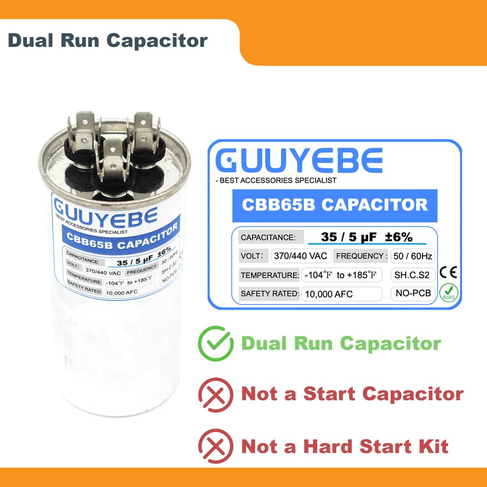 GuuYebe 35/5 Dual Run Capacitor, AC Capacitor 35+5 MFD 370/440V, Round CBB65 with Herm Fan C Terminals – Check Size Before Buying