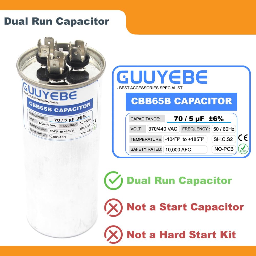 GuuYebe 70/5 Dual Run Capacitor, AC Capacitor 70+5 MFD 370/440V, Round CBB65 with Herm Fan C Terminals – Check Size Before Buying