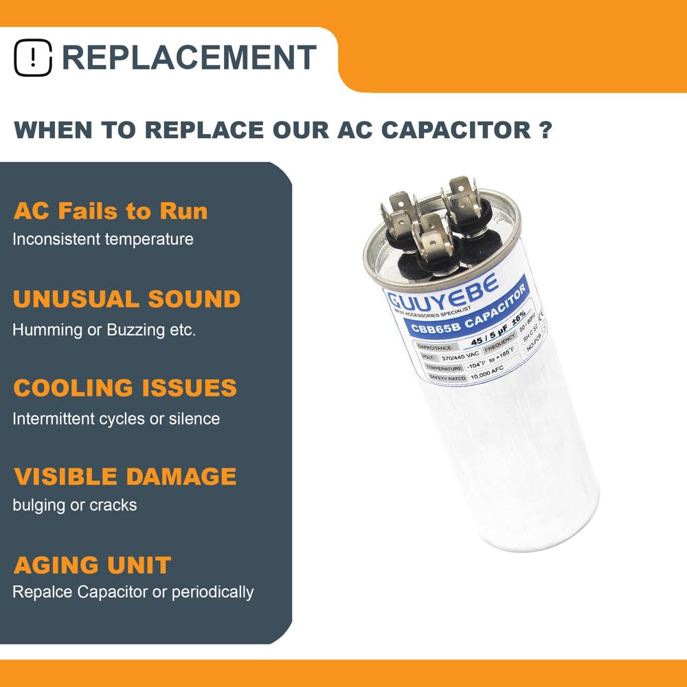 GuuYebe 45/5 Dual Run Capacitor, AC Capacitor 45+5 MFD 370/440V, Round CBB65 with Herm Fan C Terminals – Check Size Before Buying