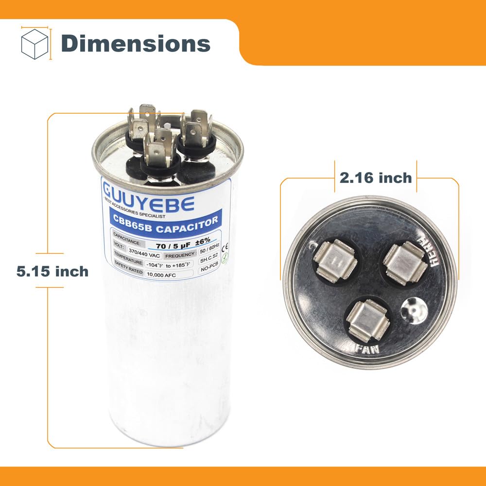 GuuYebe 70/5 Dual Run Capacitor, AC Capacitor 70+5 MFD 370/440V, Round CBB65 with Herm Fan C Terminals – Check Size Before Buying