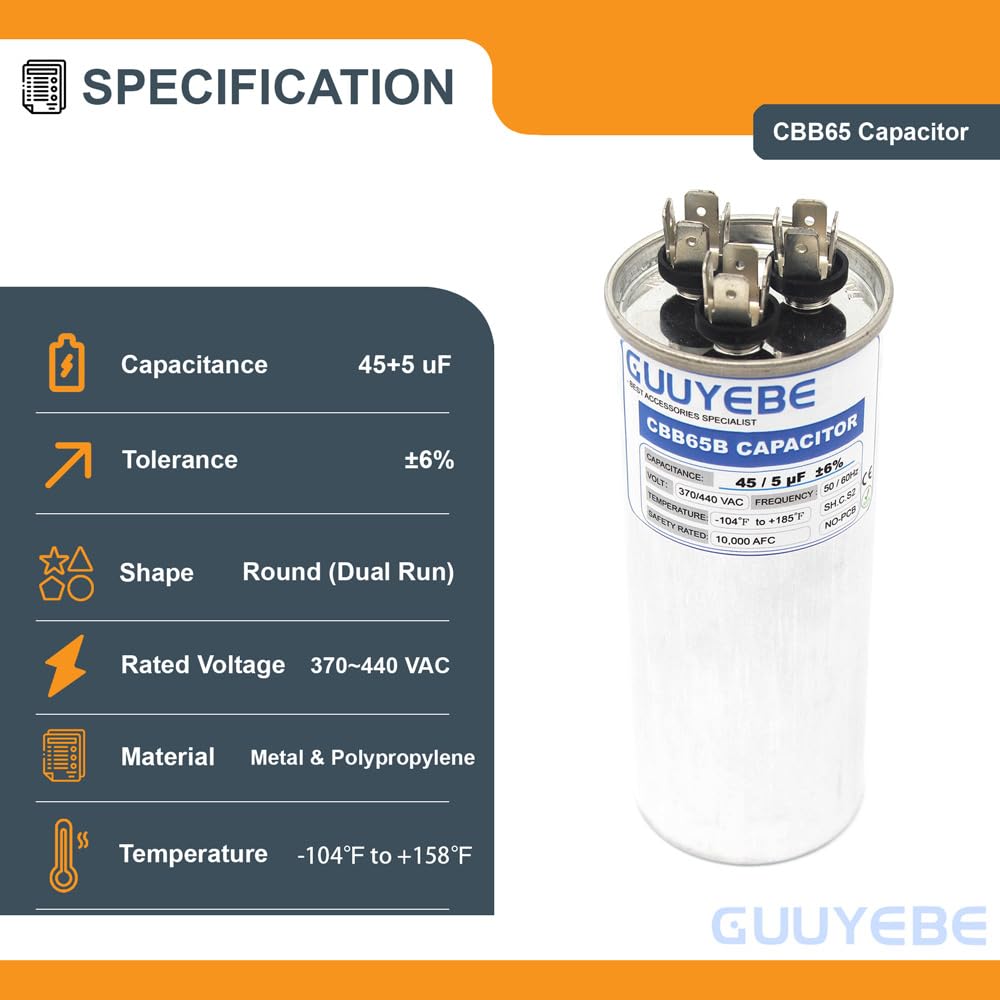 GuuYebe 45/5 Dual Run Capacitor, AC Capacitor 45+5 MFD 370/440V, Round CBB65 with Herm Fan C Terminals – Check Size Before Buying