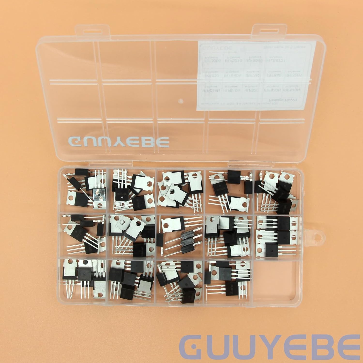 GuuYebe Mosfet Kit,70PCS 14 Values IRFZ44N IRF540N IRF3205 IRF840 IRF630 IRLB8721 IRF5210 IRF640N IRF9540 IRF3808 IRF740 IRF510N IRF520 IRF530N Mosfet Transistor Assortment Set Semiconductor Products