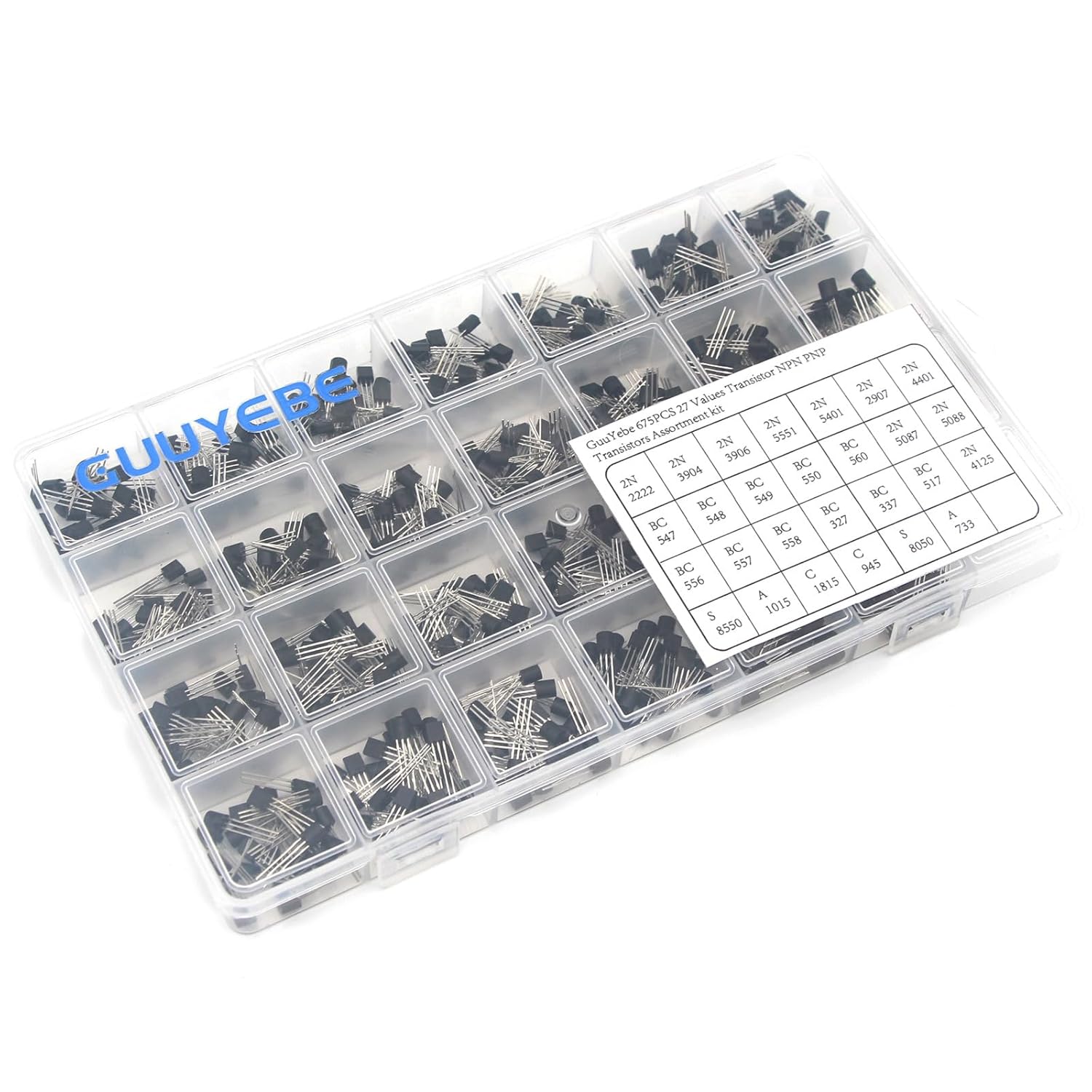 GuuYebe 675PCS 27 Values 2N2222 BC547 2N3904 2N3906 2N5551 BC557 S8550 BC548 BC549 BC550 BC556 2N5401 2N2907 S8050 2N5087 2N4125 BC517 Transistor NPN PNP BJT Transistors of Semiconductor Products