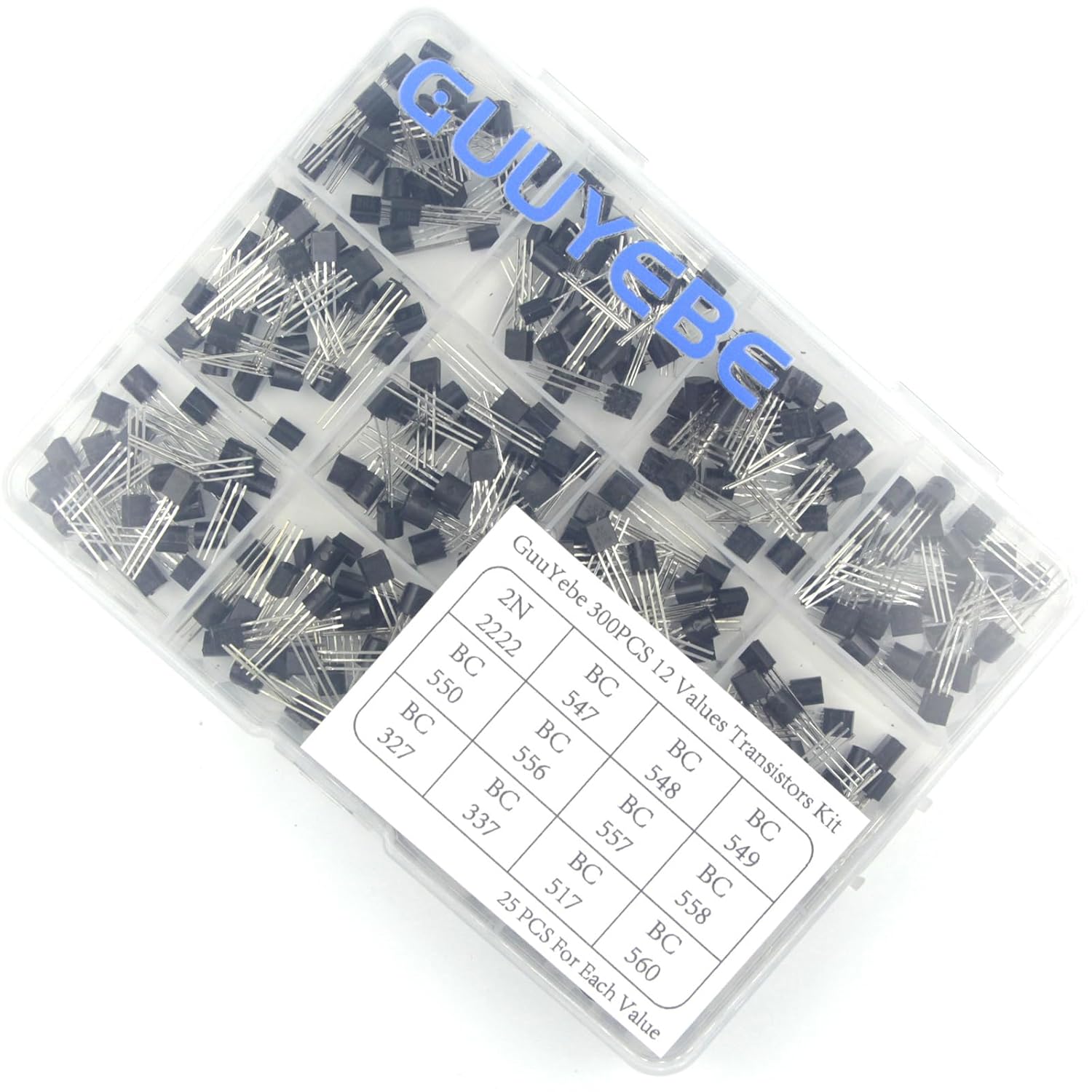 GuuYebe 300PCS 12 Values 2N2222 BC547 BC557 BC548 BC549 BC550 BC556 BC558 BC327 BC337 BC517 BC560 NPN PNP BJT Transistors of Semiconductor Products