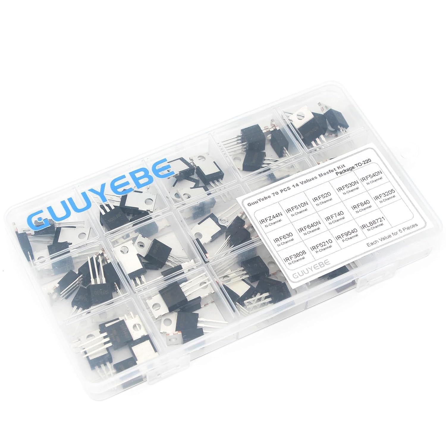 GuuYebe Mosfet Kit,70PCS 14 Values IRFZ44N IRF540N IRF3205 IRF840 IRF630 IRLB8721 IRF5210 IRF640N IRF9540 IRF3808 IRF740 IRF510N IRF520 IRF530N Mosfet Transistor Assortment Set Semiconductor Products