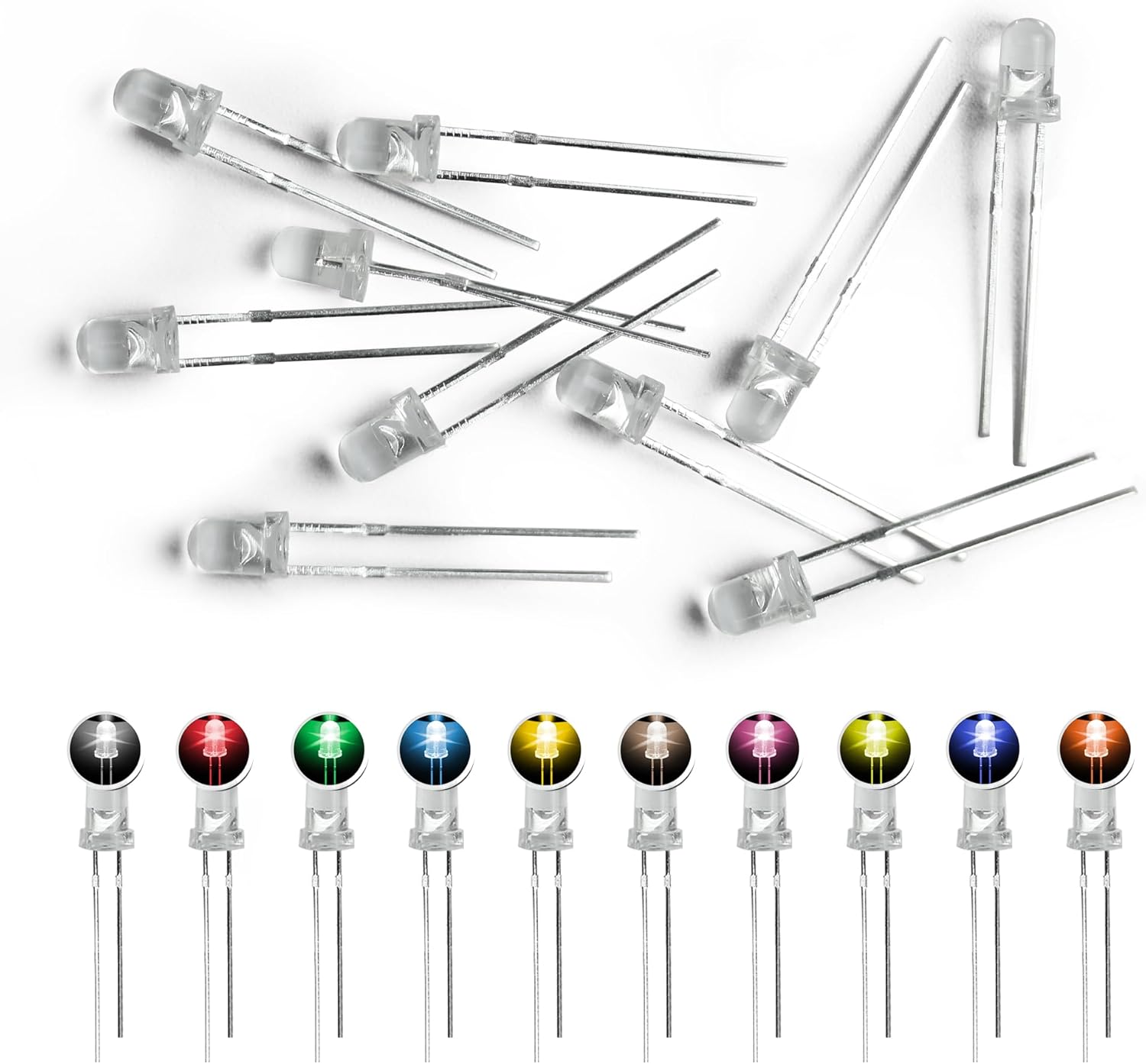 GuuYebe LEDs, Single LED Light LED Diode Lamp DIY Kit with Warm White Red Green Blue Yellow Green Pink UV Purple Orange Clear Transparent Lens Mini Bulbs 3mm 10 Colors x 10PCS