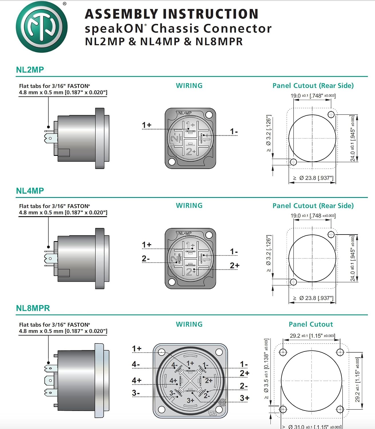 Neutrik NL4MP SPEAKON PANEL MOUNT 4-Pack